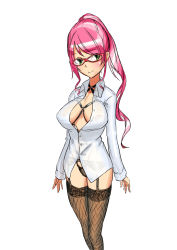 Rule 34 | 1girl, bad id, bad pixiv id, black panties, blouse, breasts, cleavage, delta zone, fishnet thighhighs, fishnets, garter belt, glasses, harness, office lady, open clothes, open shirt, panties, pink hair, ponytail, see-through, shirt, smile, solo, standing, thighhighs, underwear, underwear only, white shirt