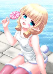 Rule 34 | 1girl, bare arms, bare shoulders, blonde hair, breasts, brown thighhighs, candy, collarbone, commentary request, covered erect nipples, food, fur-trimmed legwear, fur-trimmed swimsuit, fur trim, hand up, highres, holding, holding candy, holding food, holding lollipop, iris mysteria!, kaze makase, lollipop, old school swimsuit, one-piece swimsuit, pointy ears, school swimsuit, short eyebrows, sitting, small breasts, solo, sparkle, swimsuit, tail, thick eyebrows, thighhighs, water, white one-piece swimsuit