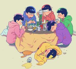Rule 34 | 6+boys, :3, alcohol, bag, balancing, beer, beer bottle, beer can, beige background, blue hoodie, blush, bottle, brothers, can, can opener, cellphone, closed eyes, closed mouth, cup, drink, drink can, drinking glass, esper nyanko, food, from behind, green hoodie, half-closed eyes, hand up, hands up, holding, holding can, holding phone, hood, hood down, hoodie, kotatsu, looking at another, looking down, lying, male focus, matsuno choromatsu, matsuno ichimatsu, matsuno jyushimatsu, matsuno karamatsu, matsuno osomatsu, matsuno todomatsu, multiple boys, o3o, on side, open mouth, osomatsu-kun, osomatsu-san, parted lips, phone, pink hoodie, plastic bag, profile, puckered lips, purple hoodie, qqmng, red hoodie, sextuplets, siblings, simple background, sitting, sleeping, sleeping upright, smartphone, smile, spilling, stacking, table, triangle mouth, under kotatsu, under table, v-shaped eyebrows, yellow hoodie