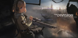 Rule 34 | 10s, 1girl, aircraft, blue eyes, cityscape, doren, grey hair, gun, headset, helicopter, highres, holding, holding gun, holding weapon, looking away, love live!, love live! sunshine!!, short hair, sketch, solo, tom clancy&#039;s the division, watanabe you, weapon
