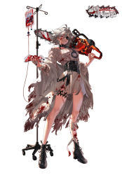 Rule 34 | 1girl, absurdres, bandages, belt, black survival, blood, blood bag, blood on clothes, blood on face, blood on hands, boots, chainsaw, collar, commentary, copyright name, cuffs, dress, english commentary, eyepatch, full body, grey hair, grin, hair between eyes, highres, holding, holding chainsaw, intravenous drip, jackie quilt, korean commentary, looking at viewer, mixed-language commentary, power tool, red eyes, scar, scar on face, scar on leg, sendro, short hair, slit pupils, smile, solo, torn clothes, white background, white hair