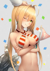 Rule 34 | 2girls, ahoge, artoria pendragon (alter swimsuit rider) (fate), artoria pendragon (fate), bare shoulders, bead bracelet, beads, bikini, blonde hair, blush, bracelet, breasts, cleavage, closed mouth, confetti, criss-cross halter, crossed arms, earrings, fate/extra, fate/grand order, fate (series), flag, green eyes, hair between eyes, hair intakes, halterneck, headpat, jewelry, kyoeiki, large breasts, long hair, motor vehicle, motorcycle, multiple girls, navel, nero claudius (fate), nero claudius (fate) (all), nero claudius (swimsuit caster) (fate), one eye closed, red bikini, simple background, smile, solo focus, striped bikini, striped clothes, swimsuit, twintails