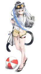 Rule 34 | 1girl, absurdres, alternate costume, animal ears, arknights, arm under breasts, bag, ball, beachball, bikini, bikini bottom only, black bikini, black choker, black footwear, black headwear, blush, brand name imitation, breasts, cameo, can, cat ears, cat girl, cat tail, ceylon (arknights), choker, commentary, depayama (depaty), ear piercing, eyewear on head, full body, grey hair, grey sweater, highres, holding, holding can, charm (object), large breasts, long hair, looking at viewer, piercing, ponytail, red bull, sandals, schwarz (arknights), shoulder bag, simple background, solo, sunglasses, sweater, swimsuit, tail, thigh strap, white background, yellow eyes