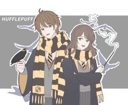 Rule 34 | 1boy, 1girl, :d, bird, black robe, brown eyes, brown hair, crossed arms, crossover, green eyes, grey pants, grey skirt, grey vest, harry potter (series), highres, holding, holding wand, hufflepuff, jewelry, key, long hair, long sleeves, luke pearce (tears of themis), necklace, necktie, open mouth, pants, robe, rosa (tears of themis), scarf, short hair, skirt, smile, tears of themis, vest, wand, wizarding world, yellow necktie, yellow scarf, yingchuan981