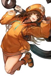 Rule 34 | 1girl, anchor, anchor symbol, arc system works, backpack, bag, bare legs, black gloves, brown eyes, brown hair, fingerless gloves, gloves, guilty gear, guilty gear strive, hat, highres, huge weapon, jacket, jumping, long hair, may (guilty gear), nasubin (nasubisamurai15), open mouth, orange footwear, orange jacket, pirate, pirate hat, salute, skull and crossbones, smile, solo, weapon, white background
