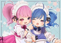 Rule 34 | 2girls, ahoge, apron, blue hair, cheek poking, chii (pixiv20756878), dress, eyebrows hidden by hair, final fantasy, final fantasy xiv, gem, heterochromia, highres, lalafell, large ribbon, long bangs, looking at another, maid, maid apron, maid headdress, multiple girls, neck ribbon, one eye closed, open mouth, pink dress, pink eyes, pink hair, pink ribbon, pointy ears, poking, ponytail, purple dress, purple eyes, purple ribbon, ribbon, scrunchie, shirt, side ponytail, smile, teeth, upper body, upper teeth only, waist ribbon, white apron, white shirt, wrist scrunchie