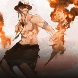 Rule 34 | 1boy, beads, black shorts, brown hair, devil fruit, fire, freckles, hat, iridori, jewelry, male focus, muscular, necklace, one piece, painterly, portgas d. ace, shorts, sketch, solo, stampede string, topless male