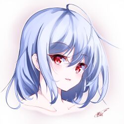 Rule 34 | 1girl, ahoge, blue hair, blush, close-up, collarbone, colored eyelashes, commentary, hair between eyes, highres, hoshikage syo, looking at viewer, no headwear, parted lips, red eyes, remilia scarlet, short hair, signature, simple background, smile, solo, touhou, tsurime, white background