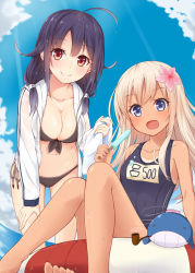 Rule 34 | 10s, 2girls, ahoge, bad id, bad pixiv id, bikini, black bikini, blonde hair, blue eyes, breasts, cleavage, cloud, day, flower, food, gradient background, hair flower, hair ornament, innertube, jacket, jacket over swimsuit, kantai collection, large breasts, leaning forward, long hair, multiple girls, one-piece swimsuit, open mouth, popsicle, purple hair, ro-500 (kancolle), school swimsuit, side-tie bikini bottom, sky, small breasts, smile, swim ring, swimsuit, taigei (kancolle), takehana note, tan, tanline, tareme, water, wet, whale