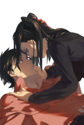 Rule 34 | 1boy, 1girl, black hair, blue eyes, bodysuit, breasts, commentary, english commentary, ergo proxy, eyeshadow, highres, long hair, makeup, re-l mayer, simple background, smile, vincent law, white background