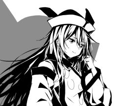 Rule 34 | 1girl, closed mouth, commentary request, detached sleeves, greyscale, hand up, hat, high contrast, long hair, long sleeves, maisuiren, matara okina, monochrome, portrait, shirt, simple background, sleeveless, sleeveless shirt, smile, solo, touhou