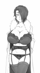 Rule 34 | 1girl, bra, breasts, cleavage, coat, collarbone, commentary, cowboy shot, english commentary, fur collar, garter belt, greyscale, hair over one eye, hands in pockets, huge breasts, lingerie, looking at viewer, monochrome, open clothes, open coat, original, overcoat, panties, parted lips, saya (twrlare), short hair, smile, solo, thighhighs, twrlare, underwear