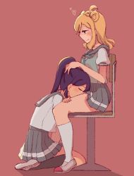 Rule 34 | 2girls, :q, blonde hair, blush, chair, closed eyes, commentary, cunnilingus, english commentary, from side, green eyes, hand on another&#039;s head, heart, highres, love live!, love live! sunshine!!, matsuura kanan, monoqlone, multiple girls, ohara mari, on chair, oral, sitting, smile, tongue, tongue out, yuri