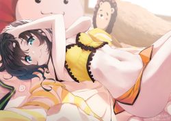 Rule 34 | 1girl, ahoge, bare shoulders, bedroom, blue eyes, blush, breasts, brown hair, collarbone, dated, ebi frion (matsuri channel), feet out of frame, hair between eyes, hair down, hands on own head, highres, hololive, jacket, unworn jacket, knees, lingerie, long hair, looking at viewer, lying, midriff, natsuiro matsuri, natsuiro matsuri (matsuri&#039;s day off), navel, on back, on bed, unworn ribbon, side ponytail, small breasts, solo, stuffed animal, stuffed toy, thighs, timo wei95, twitter username, underwear, virtual youtuber