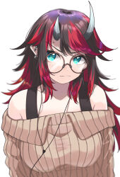 Rule 34 | 1girl, absurdres, alternate costume, black hair, black tank top, blue eyes, blush, breasts, brown-framed eyewear, brown sweater, closed mouth, commentary request, demon girl, demon horns, ear piercing, earbuds, earphones, glasses, highres, horns, large breasts, long hair, looking at viewer, multicolored hair, nanashi inc., off-shoulder sweater, off shoulder, piercing, pointy ears, red hair, ribbed sweater, round eyewear, ryugasaki rene, simple background, solo, sugar lyric, sweater, tank top, two-tone hair, upper body, virtual youtuber, wavy mouth, white background, zono (inokura syuzo029)