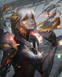 Rule 34 | 1girl, absurdres, android, armor, blurry, blurry background, breasts, broken, closed mouth, from side, glowing, grey hair, hair between eyes, hand up, highres, injury, irelia, large breasts, lcw961904412, league of legends, looking at viewer, official alternate costume, orange eyes, power armor, project: irelia, short hair, unsynapse