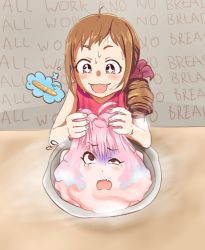 Rule 34 | + +, 2girls, :3, @ @, ahoge, blush, bread, brown background, brown eyes, brown hair, drill hair, english text, fang, flying sweatdrops, food, hair intakes, hair ornament, i don&#039;t want to be bread (meme), idolmaster, idolmaster cinderella girls, imagining, meme, multicolored hair, multiple girls, objectification, ohara michiru, open mouth, pain, pink eyes, pink hair, psycho orb, red shirt, scrunchie, shirt, side drill, sleeveless, sleeveless shirt, sweat, symbol-shaped pupils, tears, text background, thought bubble, transformation, what, yumemi riamu
