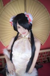 Rule 34 | 1girl, artist request, asian, bare shoulders, black hair, black thighhighs, blurry, bun cover, china dress, chinese clothes, color contacts, cosplay, date a live, depth of field, double bun, dress, feather boa, hair bun, hair over one eye, indoors, lace, lace-trimmed legwear, lace trim, long hair, looking at viewer, makeup, mascara, no shoes, parted lips, photo (medium), red eyes, short china dress, sitting, sleeveless, sleeveless dress, solo, thighhighs, tokisaki kurumi, tokisaki kurumi (cosplay), twintails, wariza, zettai ryouiki