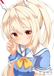 Rule 34 | 1girl, alternate costume, ame., anchor symbol, ayanami (azur lane), ayanami (grade a sailor uniform) (azur lane), azur lane, blonde hair, blue shirt, blush, bow, breasts, commentary request, frilled sleeves, frills, hair between eyes, hand up, headgear, high ponytail, highres, long hair, looking at viewer, parted lips, ponytail, puffy short sleeves, puffy sleeves, red eyes, sailor collar, shirt, short sleeves, simple background, small breasts, solo, upper body, very long hair, white background, white sailor collar, yellow bow