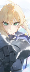 Rule 34 | 1girl, absurdres, ahoge, armor, armored dress, armored gloves, artoria pendragon (fate), blonde hair, blue dress, closed mouth, dress, excalibur (fate/stay night), fate/stay night, fate (series), green eyes, hair between eyes, highres, holding, holding sword, holding weapon, kji (rozo), long hair, long sleeves, looking at viewer, solo, sword, upper body, weapon