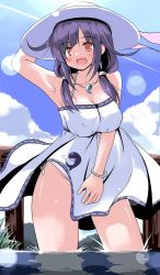 Rule 34 | 10s, 1girl, armpits, bare shoulders, blue hair, bracelet, breasts, cleavage, covering privates, covering crotch, day, dress, hand on headwear, hat, jewelry, kantai collection, large breasts, long hair, low twintails, magatama, necklace, open mouth, panties, partially submerged, red eyes, side-tie panties, smile, soaking feet, solo, standing, strapless, strapless dress, sun hat, taigei (kancolle), tsuzuri (tuzuri), twintails, underwear, wading, water, whale, white panties