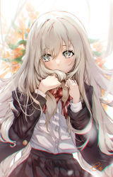 Rule 34 | 1girl, akebi-chan no serafuku, black jacket, black skirt, blazer, blouse, blue eyes, blurry, blurry background, collared shirt, commentary request, covering own mouth, flower, flower request, grey hair, hair between eyes, hair over eyes, hair over mouth, highres, hiraiwa hotaru, holding, holding own hair, jacket, long hair, open clothes, open jacket, pleated skirt, red ribbon, ribbon, roubai academy school uniform (new), ruffling hair, school uniform, semino hazuki, shirt, signature, skirt, solo, striped ribbon, upper body, very long hair, white background, white shirt