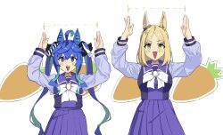 Rule 34 | 2girls, @ @, ahoge, animal ears, aqua hair, arms up, blonde hair, blue eyes, blue hair, blush, bow, bowtie, carrot, chestnut mouth, commentary request, crossed bangs, dotted line, ear covers, ear ornament, facing viewer, hair bow, heterochromia, highres, horse ears, horse girl, long hair, long sleeves, looking at viewer, makasero, measuring, medium hair, multicolored hair, multiple girls, narita top road (umamusume), open mouth, pakatube, parted bangs, pleated skirt, purple eyes, purple sailor collar, purple shirt, purple skirt, sailor collar, school uniform, sharp teeth, shirt, sidelocks, single ear cover, skirt, striped bow, teeth, tracen school uniform, twin turbo (umamusume), twintails, two-tone hair, umamusume, upper body, upper teeth only, v-shaped eyebrows, very long hair, white background, white bow, white bowtie, yellow eyes