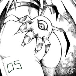 Rule 34 | 1girl, 1other, 2021, angel wings, angewomon, ass, ass focus, ass grab, bad id, bad pixiv id, claws, digimon, digimon (creature), from behind, greyscale, highres, inktober, keyliom, long hair, lower body, monochrome, number tattoo, one-eyed, signature, solo, tattoo, thighs, tsumemon, wings