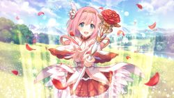 Rule 34 | 1girl, blue eyes, bob cut, cygames, falling petals, flower, hair ornament, hairband, meadow, mountain, official art, petals, pink hair, princess connect!, rose, short hair, smile, solo, staff, yui (princess connect!)