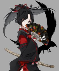 Rule 34 | 10s, 1boy, bird, black hair, commentary request, covering face, cowboy shot, crow, feathers, folding fan, from side, grey eyes, hair ornament, hair ribbon, hand fan, highres, katana, kogarasumaru (touken ranbu), looking at viewer, male focus, mole, parted bangs, ribbon, ribbon-trimmed sleeves, ribbon trim, slit pupils, solo, standing, sword, touken ranbu, weapon, wide sleeves