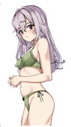 Rule 34 | 1girl, backboob, bare arms, bikini, blush, breasts, closed mouth, commentary, cowboy shot, cropped legs, crossed bangs, eyelashes, from side, frown, green bikini, grey hair, hair between eyes, hair intakes, hair ornament, hairclip, hands up, highres, kinoshita kaede, long hair, looking at viewer, nail polish, navel, own hands together, purple nails, red eyes, side-tie bikini bottom, simple background, sketch, small breasts, solo, swimsuit, tenshi souzou re-boot!, tft (tft7822), tsurime, white background