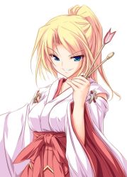 Rule 34 | 1girl, blonde hair, blue eyes, hakama, hakama skirt, japanese clothes, miko, original, red hakama, skirt, smirk, solo, tenmaso