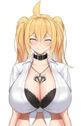 Rule 34 | 1girl, ahoge, black bra, blonde hair, blush, bra, bra visible through clothes, breasts, choker, cleavage, closed eyes, collared shirt, hair between eyes, heart, highres, huge breasts, jewelry, kirome (kamipaper), long hair, necklace, open mouth, original, saaya (kirome), shirt, simple background, skull necklace, smile, solo, tied shirt, twintails, unbuttoned, unbuttoned shirt, underwear, virtual youtuber, white background, white shirt