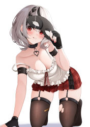 Rule 34 | 1girl, :q, absurdres, all fours, arm strap, black collar, black gloves, black thighhighs, braid, breasts, camisole, cleavage, collar, ear piercing, earrings, ekidona, eye mask, fingerless gloves, full body, garter straps, gloves, grey hair, heart pendant, highres, holding, holding mask, hololive, jewelry, large breasts, looking at viewer, mask, miniskirt, multicolored hair, no jacket, no shoes, piercing, plaid, plaid skirt, red eyes, red skirt, sakamata chloe, skindentation, skirt, solo, strap slip, streaked hair, thighhighs, tongue, tongue out, torn clothes, torn thighhighs, virtual youtuber, white camisole