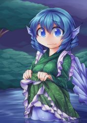 Rule 34 | 1girl, blue eyes, blue hair, clothes lift, fins, fun bo, head fins, japanese clothes, kimono, kimono lift, lifting own clothes, matching hair/eyes, mermaid, monster girl, partially translated, sash, short hair, solo, symbol-shaped pupils, tears, touhou, translation request, wakasagihime, water, wet