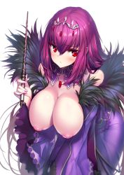 Rule 34 | 1girl, bare shoulders, blush, breast hold, breasts, cleavage, crown, dress, embarrassed, fate/grand order, fate (series), hanging breasts, headpiece, heart, heart-shaped pupils, highres, hong (white spider), inverted nipples, large breasts, leaning forward, looking away, nail polish, nipples, pout, puffy areolae, purple hair, red eyes, scathach (fate), scathach skadi (fate), solo, symbol-shaped pupils, wand