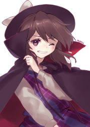 Rule 34 | 1girl, ainy, bad id, bad pixiv id, blush, brown eyes, brown hair, cape, dress, flying sweatdrops, grin, hat, long sleeves, looking at viewer, no eyewear, plaid, plaid dress, short hair, simple background, smile, solo, touhou, upper body, usami sumireko, white background