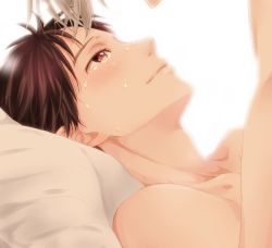 Rule 34 | 2boys, black eyes, black hair, blush, close-up, covering privates, crying, eyelashes, grey hair, katsuki yuuri, looking at another, looking up, lying, male focus, multiple boys, nude, nude cover, out of frame, pillow, short hair, simple background, tears, upper body, viktor nikiforov, white background, yaoi, yuri!!! on ice