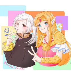 Rule 34 | 2girls, :d, armor, artist name, bad id, bad pixiv id, bead necklace, beads, black cloak, blonde hair, blue eyes, blush, bracer, braid, brown eyes, circlet, cloak, collarbone, commentary request, cropped torso, crossover, crown braid, dress, fire emblem, fire emblem awakening, french braid, gem, hand up, heart, hood, hooded cloak, jewelry, kotoha (alice sea), long hair, long sleeves, looking at viewer, multiple girls, necklace, nintendo, open mouth, pauldrons, pink dress, pointy ears, princess zelda, robin (female) (fire emblem), robin (fire emblem), short sleeves, shoulder armor, silver hair, smile, super smash bros., the legend of zelda, the legend of zelda: a link between worlds, triforce, twintails, twitter username, upper body, v, white background, wide sleeves