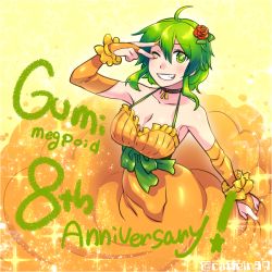 Rule 34 | 1girl, ;d, ahoge, anniversary, arm up, bare shoulders, black neckwear, blush, bow, breasts, bridal gauntlets, caffein, character name, choker, cleavage, collarbone, commentary request, dress, elbow gloves, fingerless gloves, flower, gloves, gradient background, green bow, green eyes, green hair, grin, gumi, hair between eyes, hair flower, hair ornament, halterneck, large breasts, looking at viewer, nail polish, one eye closed, open mouth, orange dress, orange gloves, orange nails, parted lips, rose, sash, short hair with long locks, sidelocks, skirt hold, sleeveless, sleeveless dress, smile, solo, sparkle, standing, star-shaped pupils, star (symbol), symbol-shaped pupils, teeth, underbust, v, v over eye, vocaloid, yellow background