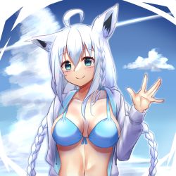 Rule 34 | 1girl, absurdres, ahoge, animal ears, arm up, bikini, blue bikini, braid, breasts, cleavage, cloud, cloudy sky, collarbone, commentary request, day, earrings, fox ears, fox girl, green eyes, hair between eyes, highres, hololive, jacket, jewelry, long hair, looking at viewer, medium breasts, miki miki, navel, official alternate costume, open clothes, open jacket, shirakami fubuki, shirakami fubuki (hololive summer 2019), sidelocks, single braid, sky, smile, solo, swimsuit, twin braids, upper body, virtual youtuber, white hair, white jacket