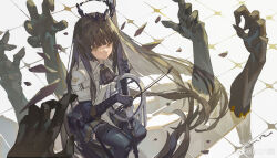 Rule 34 | 1girl, absurdly long hair, absurdres, arknights, artist name, ascot, belt, belt buckle, black ascot, black gloves, black hair, black halo, black pouch, black skirt, black sleeves, black thighhighs, black wings, blunt bangs, bow (music), breasts, broken halo, buckle, cello, chair, chinese commentary, chinese text, closed mouth, collared jacket, colored inner hair, commentary request, dark halo, detached wings, energy wings, feet out of frame, floating hair, floor, from above, from side, gloves, grey eyes, grey hair, grey shirt, gsr, halo, hands up, highres, hime cut, holding, holding bow (music), holding instrument, holding violin, instrument, jacket, layered sleeves, light smile, long hair, long sleeves, looking at viewer, looking to the side, looking up, miniskirt, mole, mole under eye, multicolored hair, multiple hands, music, on chair, pale color, pale skin, playing, playing instrument, pleated skirt, pouch, shade, shadow, shirt, short over long sleeves, short sleeved jacket, short sleeves, sidelighting, sidelocks, sideways glance, sitting, skirt, small breasts, solo, thighhighs, tile floor, tiles, two-tone hair, very long hair, violin, virtuosa (arknights), watermark, weibo logo, weibo username, white belt, white jacket, wide sleeves, wing collar, wings, wooden chair, yellow pupils, zettai ryouiki