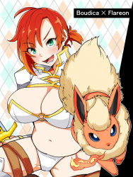 Rule 34 | 1girl, 41 (taskmaster41), boudica (fate), breasts, brown thighhighs, character name, cleavage, creatures (company), crossover, fate/grand order, fate (series), fire, flareon, game freak, gen 1 pokemon, green eyes, highres, large breasts, midriff, navel, nintendo, o-ring, pokemon, pokemon (creature), ponytail, red hair, short hair, smile, sword, thick thighs, thighhighs, thighs, weapon