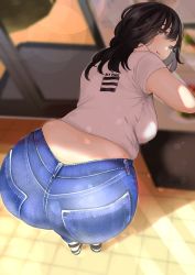 Rule 34 | 1girl, ass, ass focus, bent over, black eyes, black hair, blush, breasts, denim, from behind, huge ass, jeans, large breasts, looking back, original, pants, plump, shirt, short sleeves, solo, takayafu, white shirt