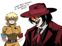 Rule 34 | 1boy, 1girl, alucard (hellsing), ascot, black hair, black vest, blonde hair, blue eyes, breasts, brown coat, coat, english text, hellsing, highres, it&#039;s morbin&#039; time (meme), lapels, large breasts, looking at another, marvel, meme, morbius (film), notched lapels, open mouth, red ascot, red coat, red headwear, round eyewear, seras victoria, sharp teeth, shirt, short hair, short sleeves, simple background, smile, teeth, tina fate, upper body, vampire, vest, white background, white shirt