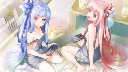 Rule 34 | 2girls, arm support, barefoot, blue hair, blue ribbon, blush, book, breasts, casual, collarbone, daidou (demitasse), glass, hair ribbon, happy, highres, ice, ice cube, kotonoha akane, kotonoha aoi, long hair, looking at viewer, looking back, looking up, multiple girls, naked overalls, nintendo switch, no shirt, open mouth, overall shorts, overalls, pillow, pink hair, playing games, red eyes, red ribbon, ribbon, siblings, sideboob, sisters, sitting, small breasts, smile, socks, strap slip, table, twins, very long hair, voiceroid, wariza