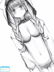 Rule 34 | 1girl, animal hood, bikini, blush, braid, breasts, cowboy shot, dutch angle, gluteal fold, greyscale, hair over shoulder, highres, hololive, hood, hood up, hoodie, long hair, looking at viewer, medium breasts, minato aqua, monochrome, nanashi (nlo), open clothes, open hoodie, parted lips, simple background, solo, standing, swimsuit, virtual youtuber, white background
