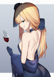 Rule 34 | 1girl, amagasa yun, arm behind head, arm up, backless dress, backless outfit, bare shoulders, blonde hair, blue dress, blue gloves, breasts, cocktail dress, cup, dress, drinking glass, earrings, fate/grand order, fate (series), gloves, green eyes, grin, hair ornament, halter dress, halterneck, highres, holding, holding own hair, jewelry, long hair, looking at viewer, looking back, lord el-melloi ii case files, medium breasts, profile, reines el-melloi archisorte, scarf, shoulder blades, sleeveless, sleeveless dress, smile, smug, solo, upper body, wine glass