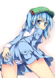 Rule 34 | 1girl, ass, ass grab, blue eyes, blue hair, blush, cameltoe, female focus, from behind, hair bobbles, hair ornament, hand on own ass, hat, kawashiro nitori, leaning forward, looking back, matching hair/eyes, panties, pantyshot, ryokushiki (midori-ya), smile, solo, striped clothes, striped panties, touhou, twintails, two side up, underwear, upskirt