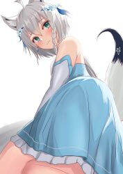 Rule 34 | 1girl, absurdres, ahoge, animal ears, aqua eyes, aquarium (visual novel), ass, bare shoulders, blue dress, blush, braid, commentary request, detached sleeves, dress, embarrassed, foreshortening, fox ears, fox girl, fox tail, grey hair, head wreath, highres, hololive, long hair, looking at viewer, low ponytail, official alternate costume, pentagram, shirakami fubuki, side braid, sohachi, solo, strapless, strapless dress, tail, virtual youtuber, white sleeves